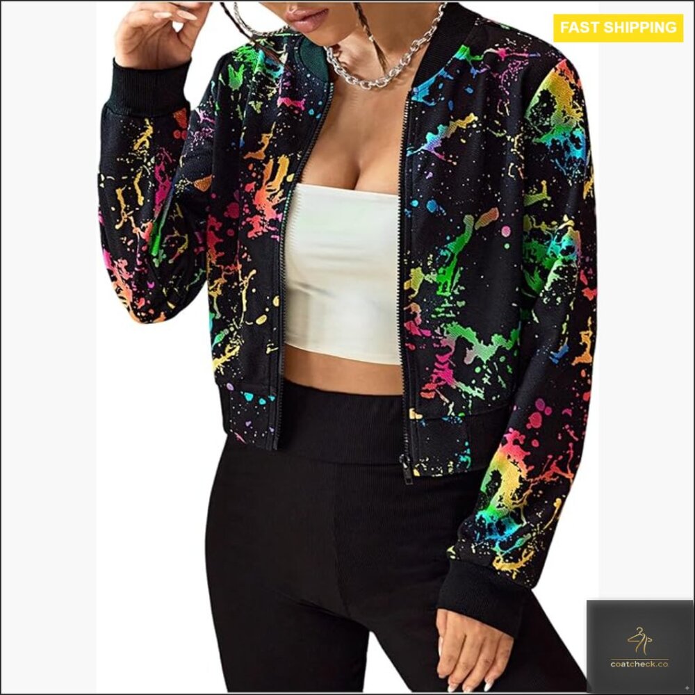 Polyester Crop Bomber Jacket Long Sleeve Zip Front Casual Sporty